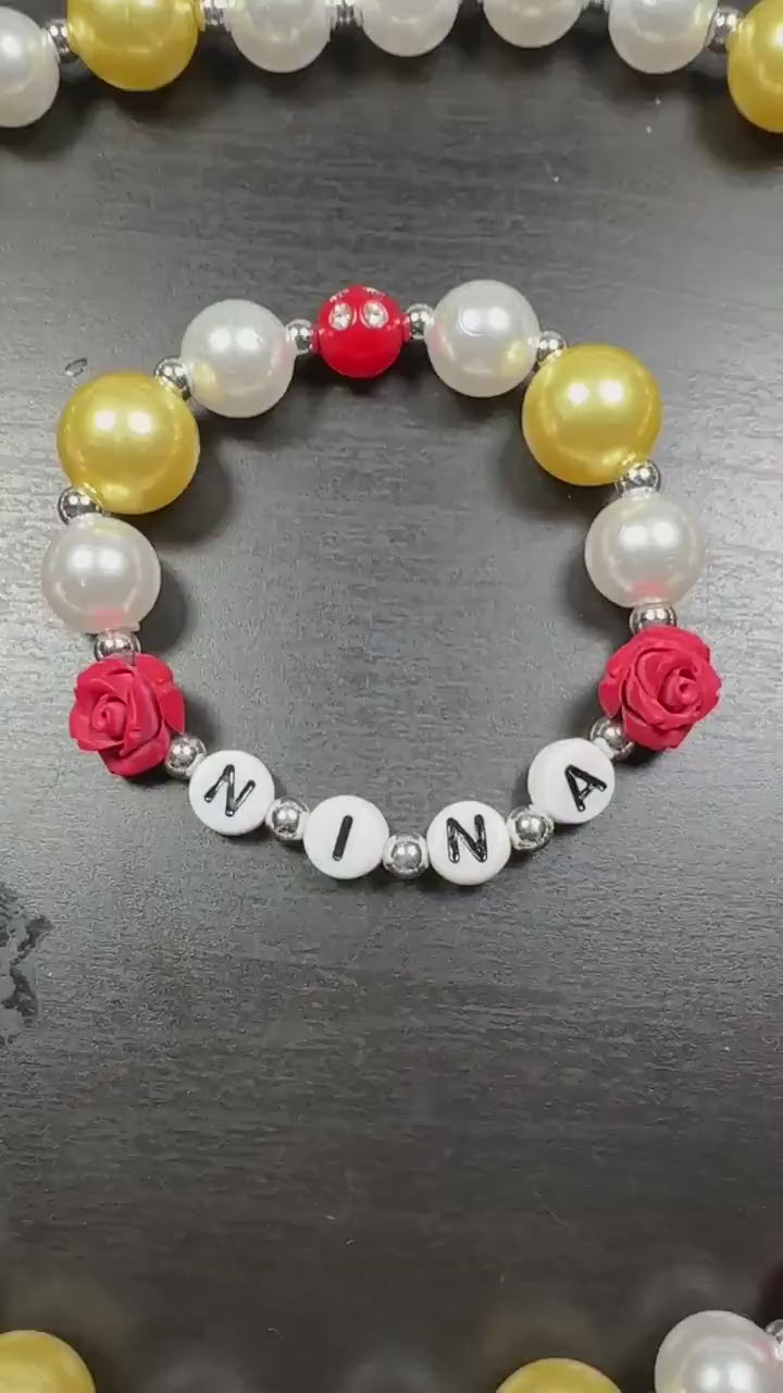 Personalized Girls Necklace & Bracelet Set, Yellow Pearl Rose Jewelry, Custom Name Bracelet, Little Girl Jewelry Set, Flower Girl Gift