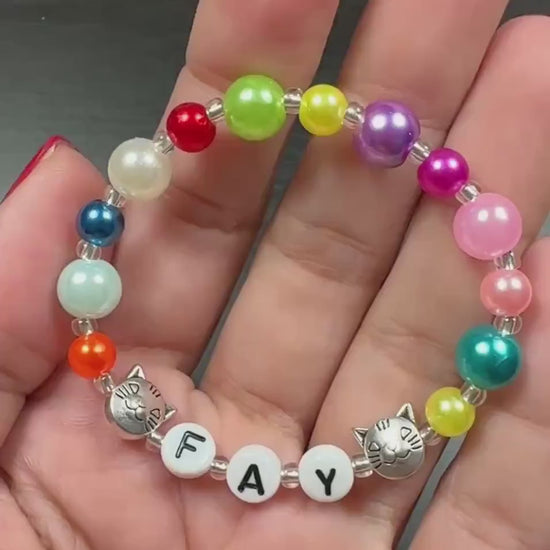 Personalized Rainbow Cat Bracelet | Custom Name Bracelet for Kids | Colorful Toddler Bracelet | Cat Lover Gift | Birthday Gift for Girls