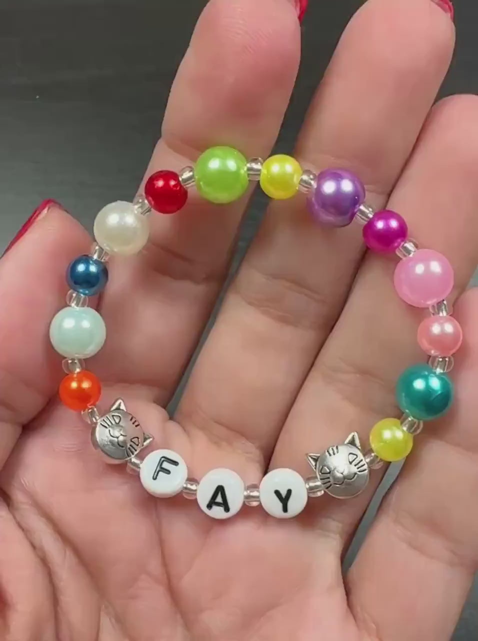 Personalized Rainbow Cat Bracelet | Custom Name Bracelet for Kids | Colorful Toddler Bracelet | Cat Lover Gift | Birthday Gift for Girls