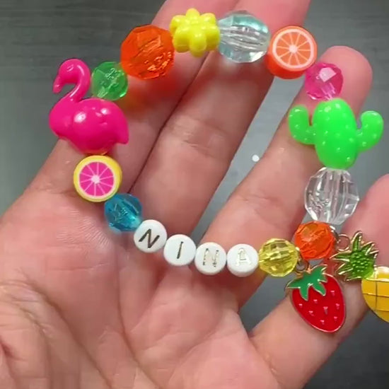 Customized Girls Bracelet, Tropical Flamingo Bracelet, Custom Name Bracelet for Kids, Fruit Charm Jewelry, Summer Gift for Girl