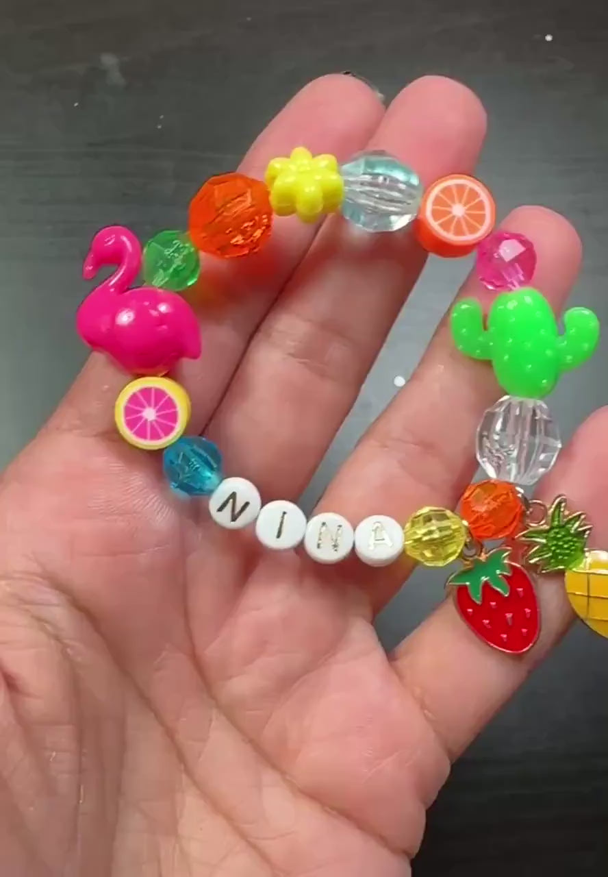 Customized Girls Bracelet, Tropical Flamingo Bracelet, Custom Name Bracelet for Kids, Fruit Charm Jewelry, Summer Gift for Girl