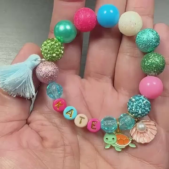 Personalized Name Bracelet for Girls, Turtle & Seashell Bracelet, Colorful Beach Vacation Bracelet, Custom Kids Jewelry, Summer jewelry