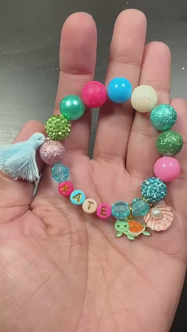 Personalized Name Bracelet for Girls, Turtle & Seashell Bracelet, Colorful Beach Vacation Bracelet, Custom Kids Jewelry, Summer jewelry