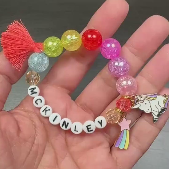 Personalized Rainbow Name Bracelet for Girl, Unicorn Charm Bracelet, Colorful Kids Jewelry, Custom Girl Gift, Chunky Beads Birthday Bracelet
