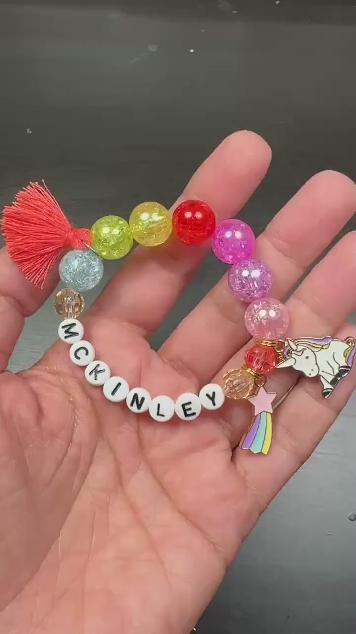 Personalized Rainbow Name Bracelet for Girl, Unicorn Charm Bracelet, Colorful Kids Jewelry, Custom Girl Gift, Chunky Beads Birthday Bracelet