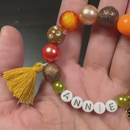 Personalized Fall Kids Bracelet, Custom Name Squirrel Bracelet, Woodland Mushroom Jewelry, Autumn Gift for Girls