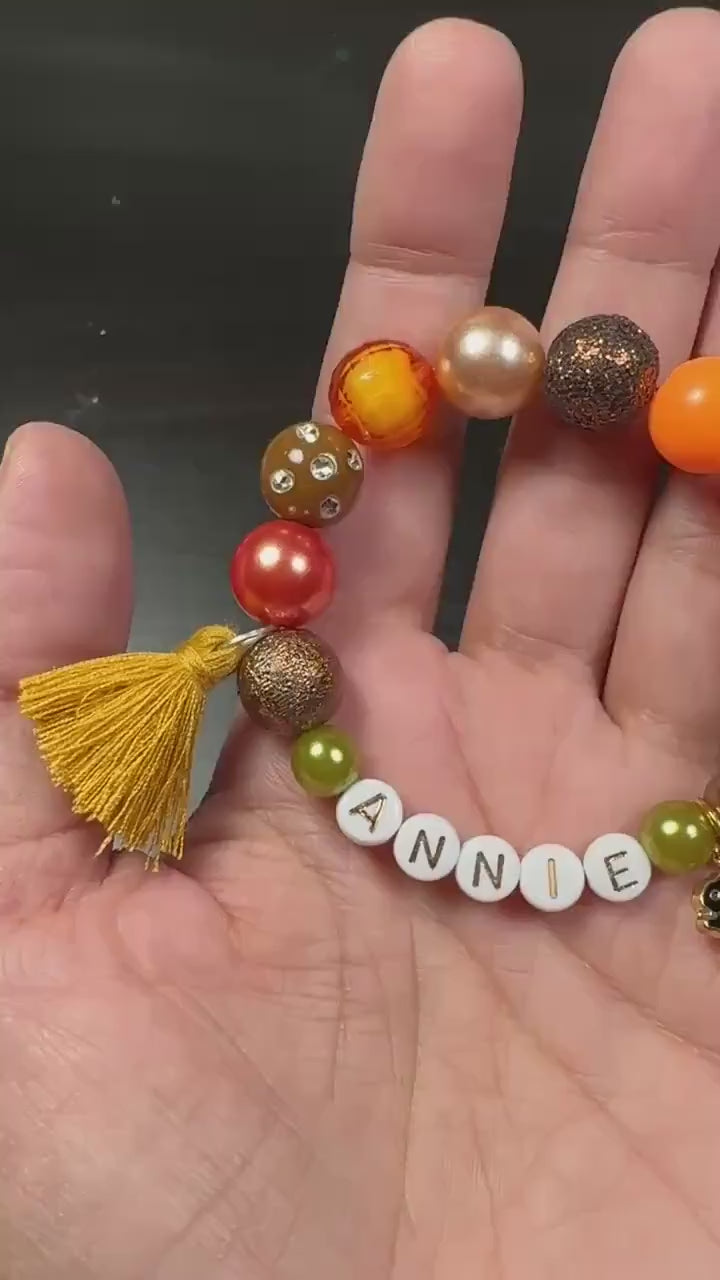 Personalized Fall Kids Bracelet, Custom Name Squirrel Bracelet, Woodland Mushroom Jewelry, Autumn Gift for Girls