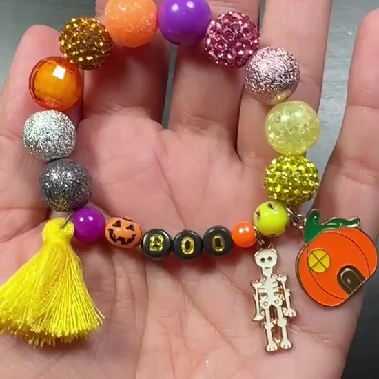 Halloween Bracelet for Girls, BOO Rhinestone Beaded Bracelet, Pumpkin Skeleton Charm Bracelet, Kids Halloween Jewelry, Spooky Season Gift