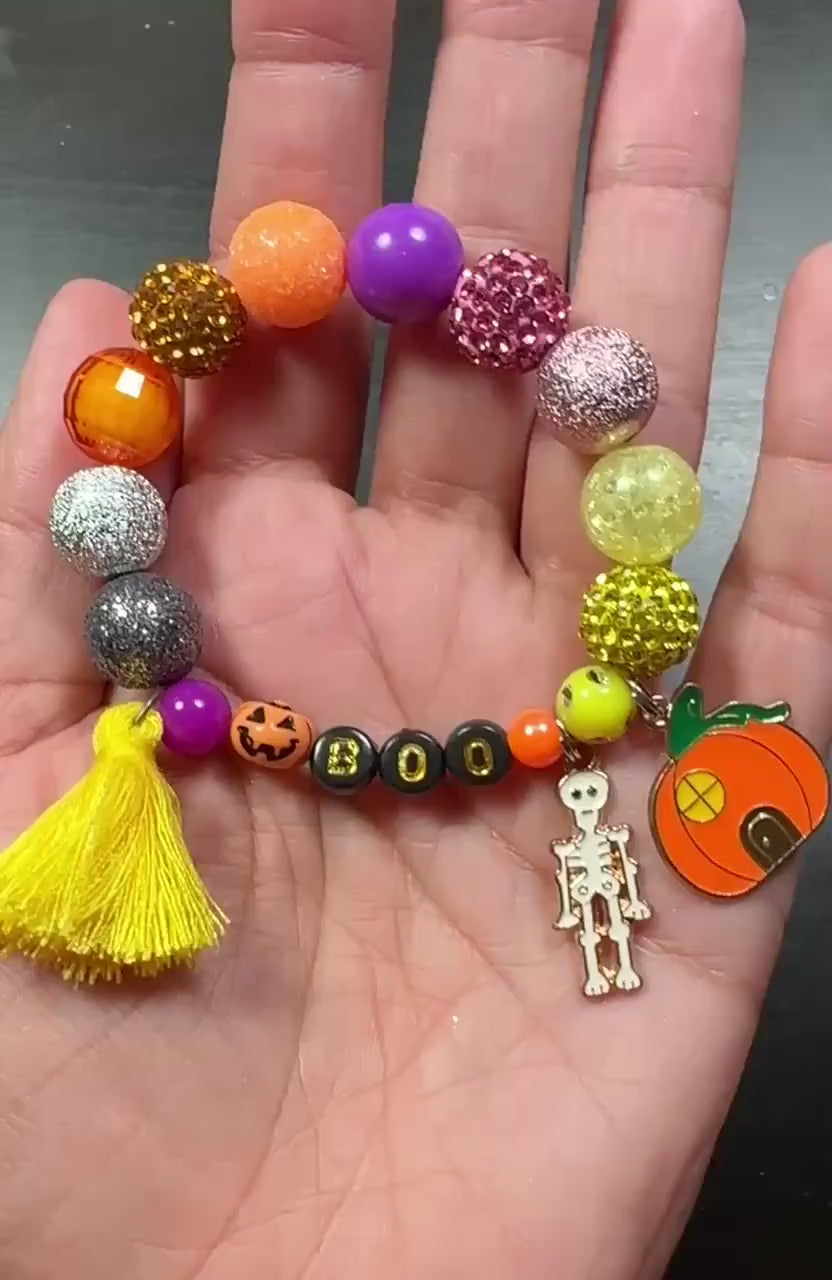 Halloween Bracelet for Girls, BOO Rhinestone Beaded Bracelet, Pumpkin Skeleton Charm Bracelet, Kids Halloween Jewelry, Spooky Season Gift
