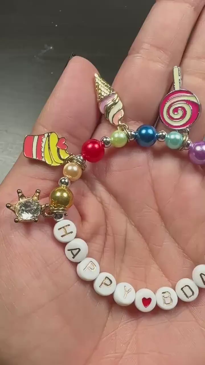 Personalized Birthday Bracelet for Girls, Custom Name Kids Bracelet, Happy Birthday Jewelry, Colorful enamel Charms Bracelet, Birthday Gift