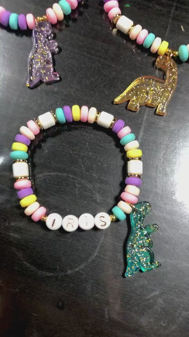Personalized Dinosaur Bracelet for Girls | Custom Name Bracelet | Toddler Girl Jewelry | Dino Birthday Gift | Handmade Kids Bracelet