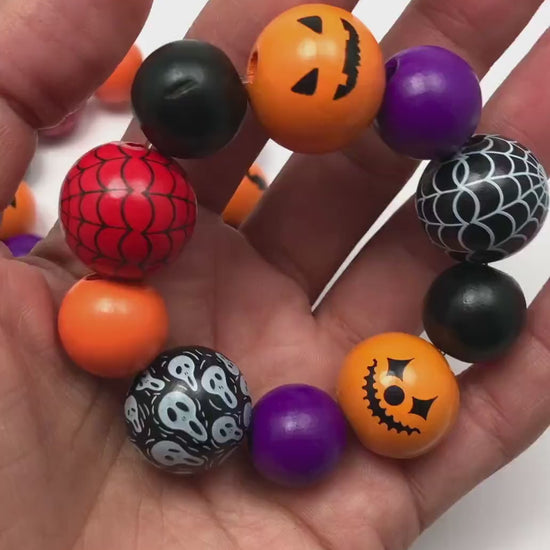 Personalized Halloween Wood Bead Bracelet, Chunky Wooden Beads, Kids & Adult Halloween Bracelet, Unisex Spooky Jewelry