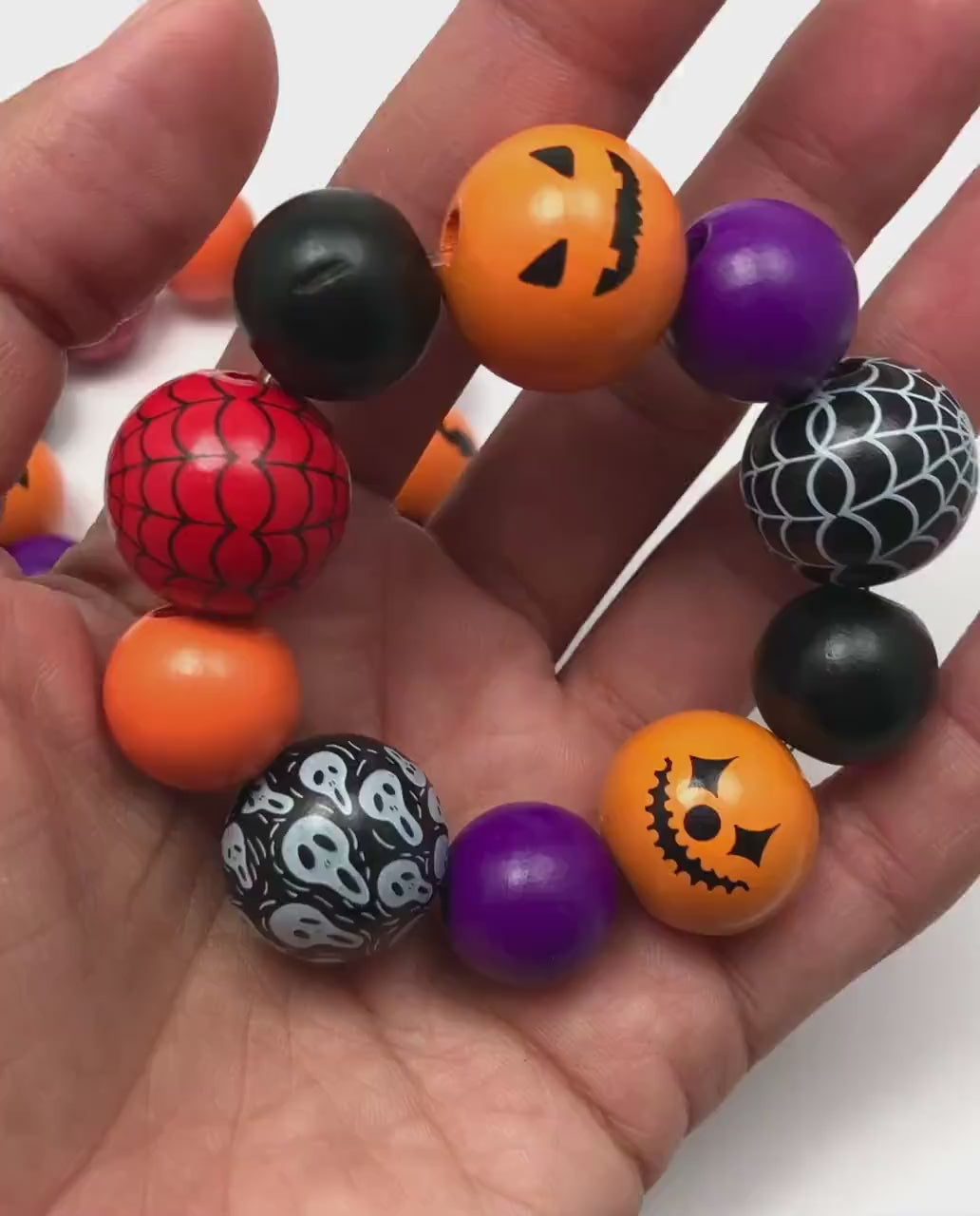 Personalized Halloween Wood Bead Bracelet, Chunky Wooden Beads, Kids & Adult Halloween Bracelet, Unisex Spooky Jewelry