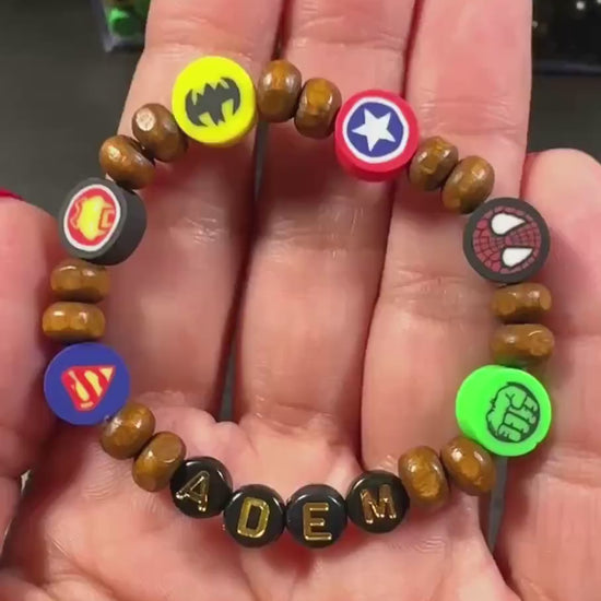 Personalized Hero Bracelet for Boys | Custom Name Wooden Bead Bracelet | Comic Inspired Kids Jewelry | Birthday Gift for Him