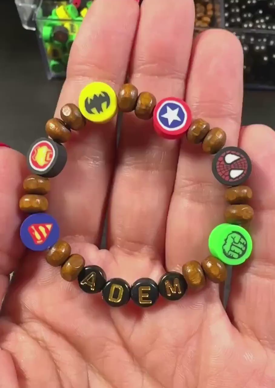 Personalized Hero Bracelet for Boys | Custom Name Wooden Bead Bracelet | Comic Inspired Kids Jewelry | Birthday Gift for Him