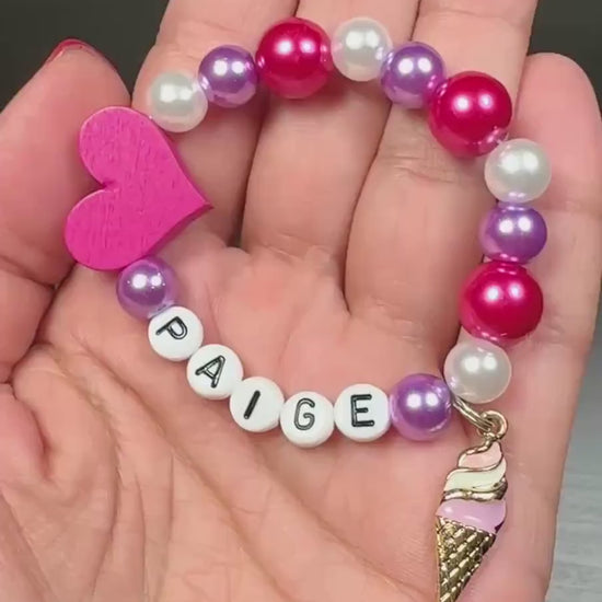 Personalized Ice Cream Bracelet for Girls, Custom Name Kids Bracelet, Pink Purple Pearl Beaded Bracelet, Sweet Birthday Gift