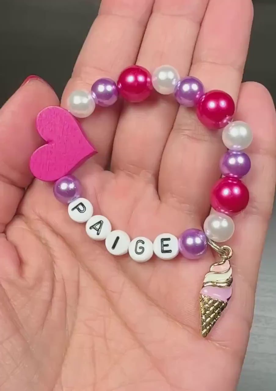 Personalized Ice Cream Bracelet for Girls, Custom Name Kids Bracelet, Pink Purple Pearl Beaded Bracelet, Sweet Birthday Gift