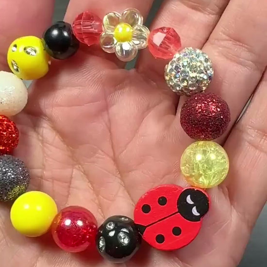 Custom Ladybug Flower Stretch Bracelet for Girls, Colorful Kids Beaded Bracelet, Garden Theme Jewelry, Red Yellow Green Bracelet