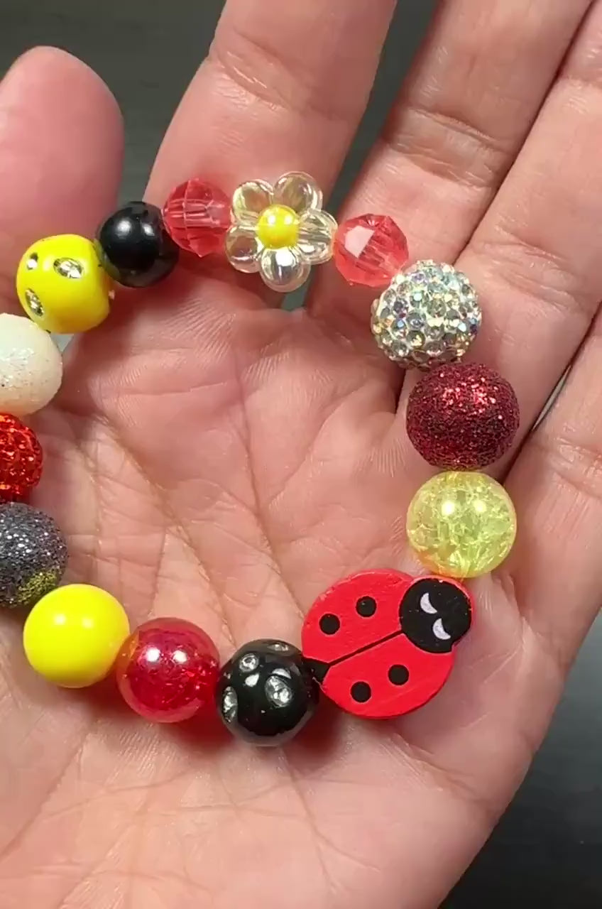 Custom Ladybug Flower Stretch Bracelet for Girls, Colorful Kids Beaded Bracelet, Garden Theme Jewelry, Red Yellow Green Bracelet