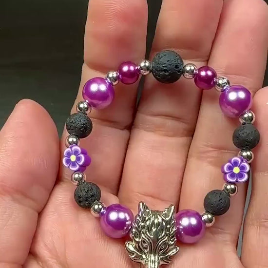 Girls Purple Wolf Bracelet, Personalized Kids Jewelry, Purple Flower Bracelet, Wolf Gift for Girl, Black Lava rock  Beads Purple Bracelet