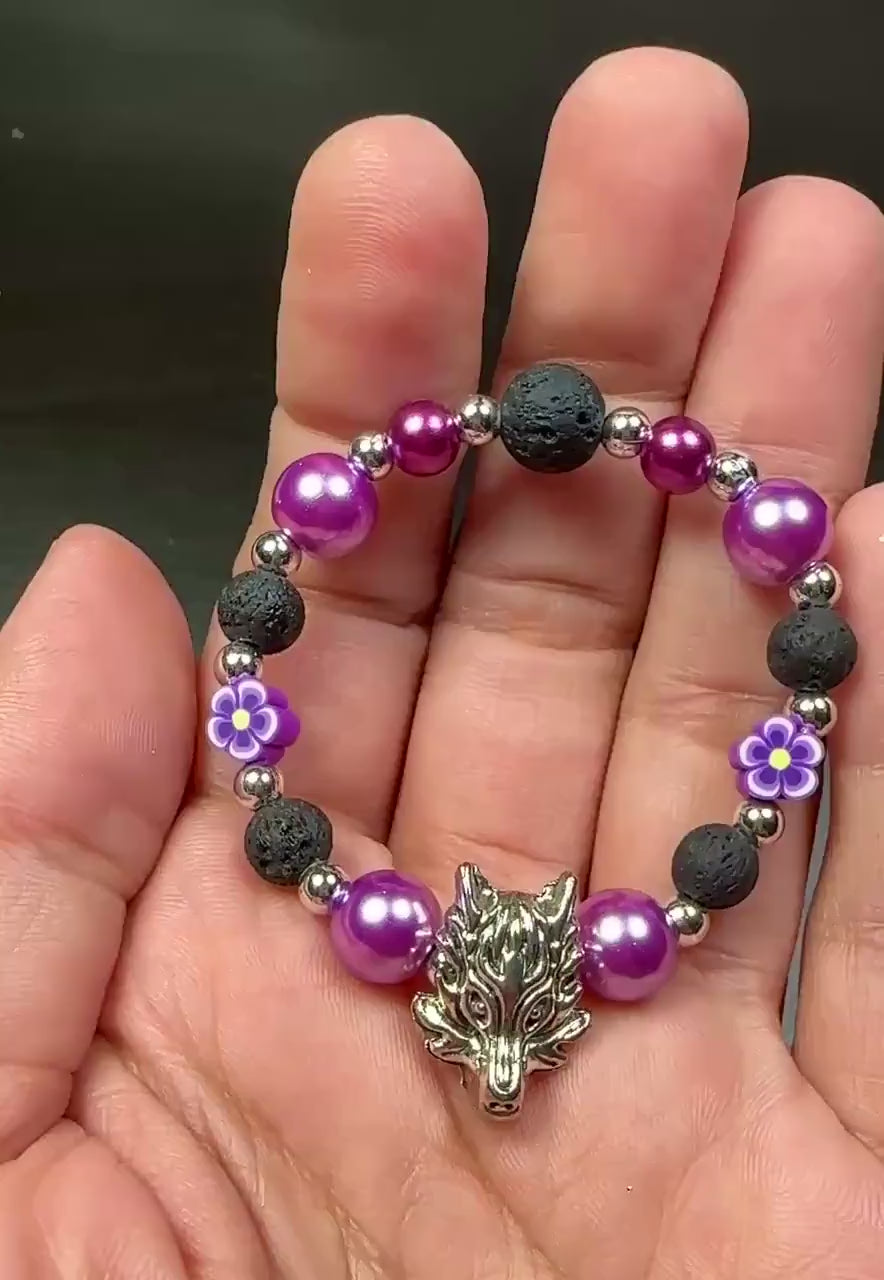 Girls Purple Wolf Bracelet, Personalized Kids Jewelry, Purple Flower Bracelet, Wolf Gift for Girl, Black Lava rock  Beads Purple Bracelet