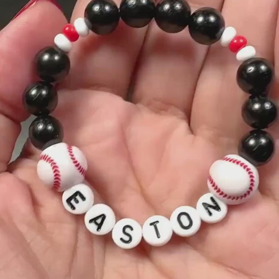 Personalized Baseball Bracelet for boys, Black Red White Beaded Name Bracelet, Baseball Gift for kids, Custom Sports Team Bracelet