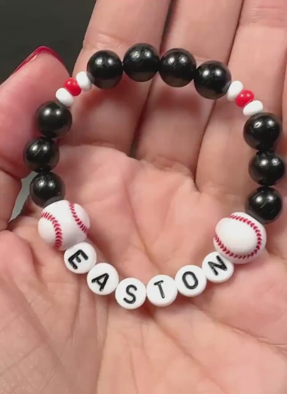 Personalized Baseball Bracelet for boys, Black Red White Beaded Name Bracelet, Baseball Gift for kids, Custom Sports Team Bracelet