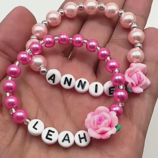 Personalized Toddler Flower Bracelet | Custom Name Bracelet for Girls | Pink Pearl Beaded  Bracelet | Birthday Gift | Flower Girl Jewelry