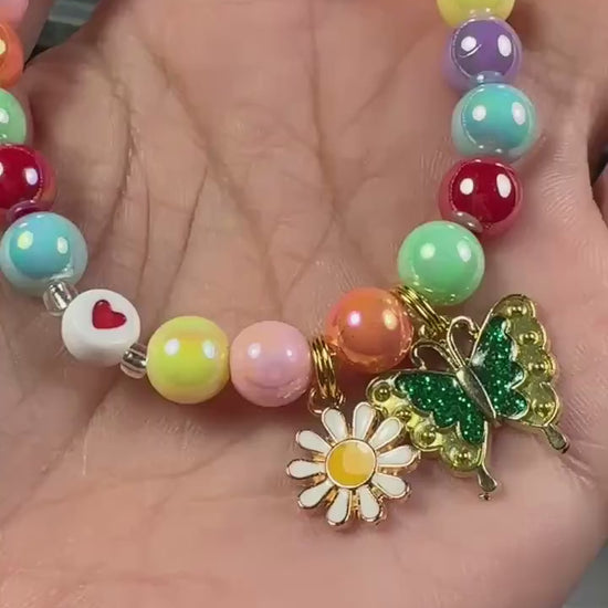 Butterfly Bracelet for Girls, Colorful Rainbow Beaded Bracelet, Daisy Charm Jewelry, Butterfly Gift for Girl, Kids Bracelet
