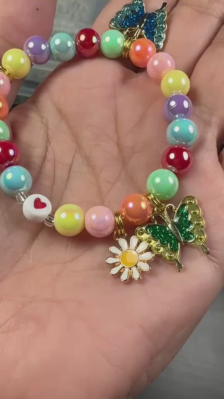 Butterfly Bracelet for Girls, Colorful Rainbow Beaded Bracelet, Daisy Charm Jewelry, Butterfly Gift for Girl, Kids Bracelet