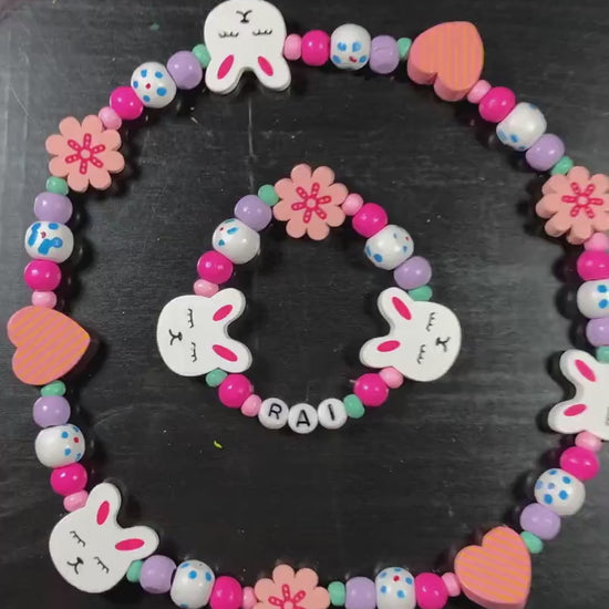 Personalized Bunny Jewelry Set for Girls, Custom Name Necklace and Bracelet, Kids Bunny Gift, Toddler Jewelry, Handmade Birthday Present