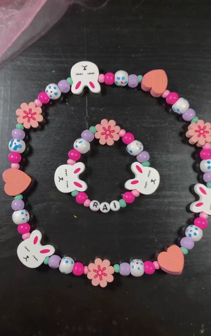 Personalized Bunny Jewelry Set for Girls, Custom Name Necklace and Bracelet, Kids Bunny Gift, Toddler Jewelry, Handmade Birthday Present