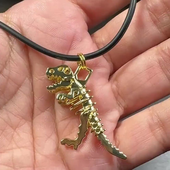 T-Rex Dinosaur Necklace for Boys, Gold Dinosaur Skeleton Necklace, Breakaway Cord Kids Necklace, Dinosaur Gift, Dino Jewelry, Dino Fossil