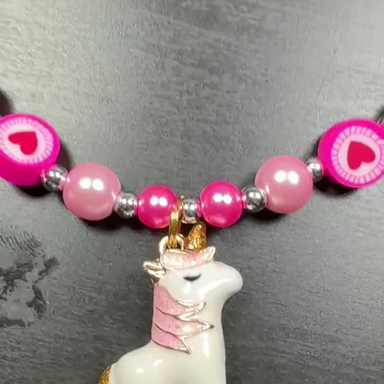 Girls Unicorn Necklace, Pink Pearl Beaded Necklace, Heart Jewelry for Kids, Unicorn Gift for Girl, Sparkly Kids Stretch Necklace