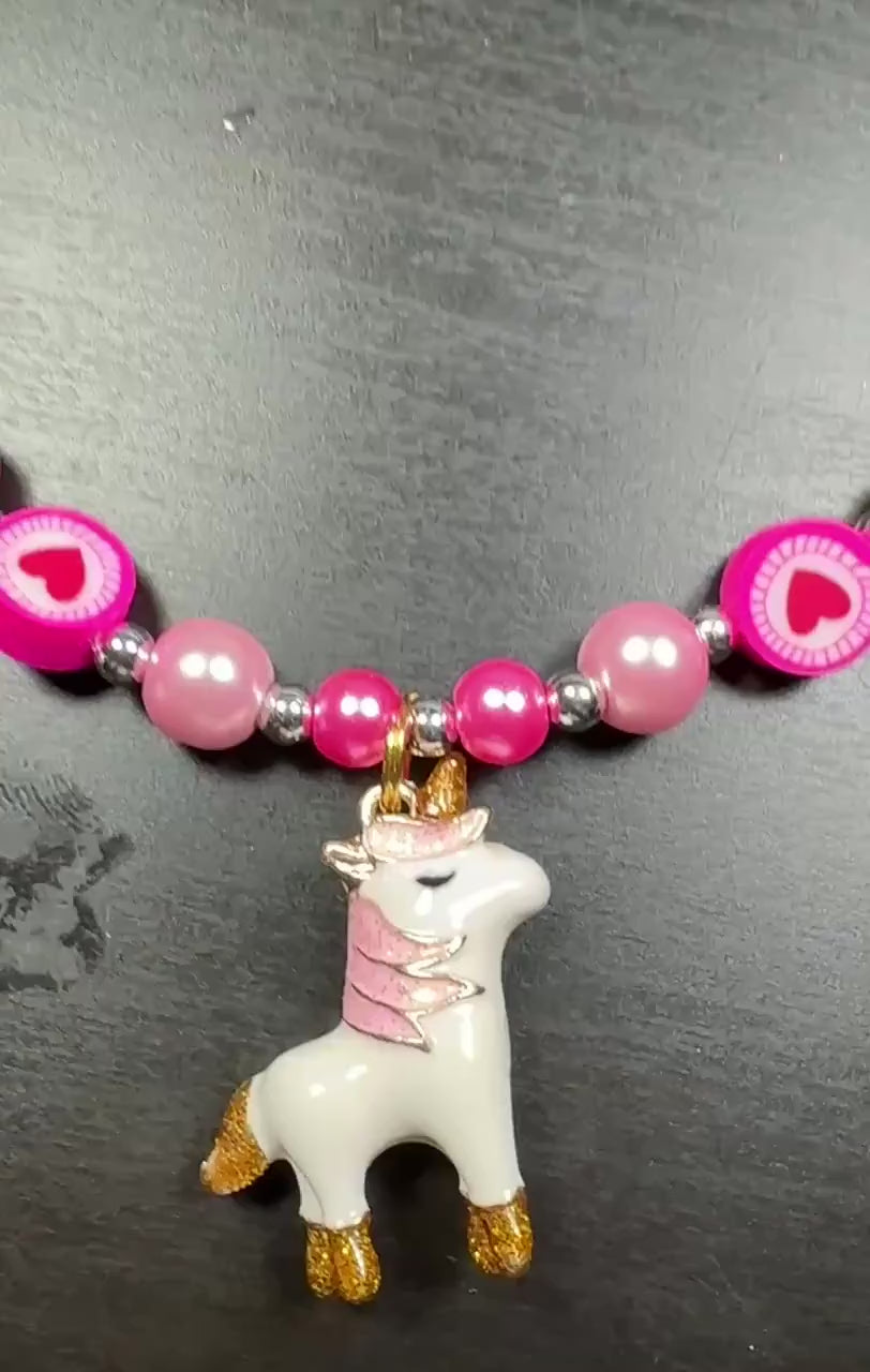 Girls Unicorn Necklace, Pink Pearl Beaded Necklace, Heart Jewelry for Kids, Unicorn Gift for Girl, Sparkly Kids Stretch Necklace