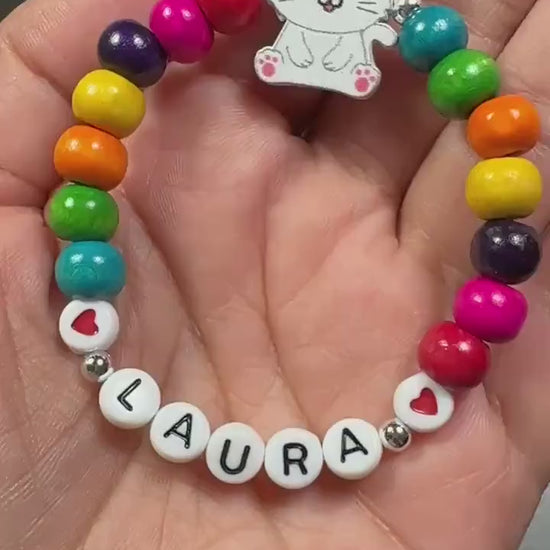 Personalized Cat Bracelet for Girls, Rainbow Name Bracelet, Kids Wooden Bead Jewelry, Kitty Cat Birthday Gift, Colorful Girl Bracelet