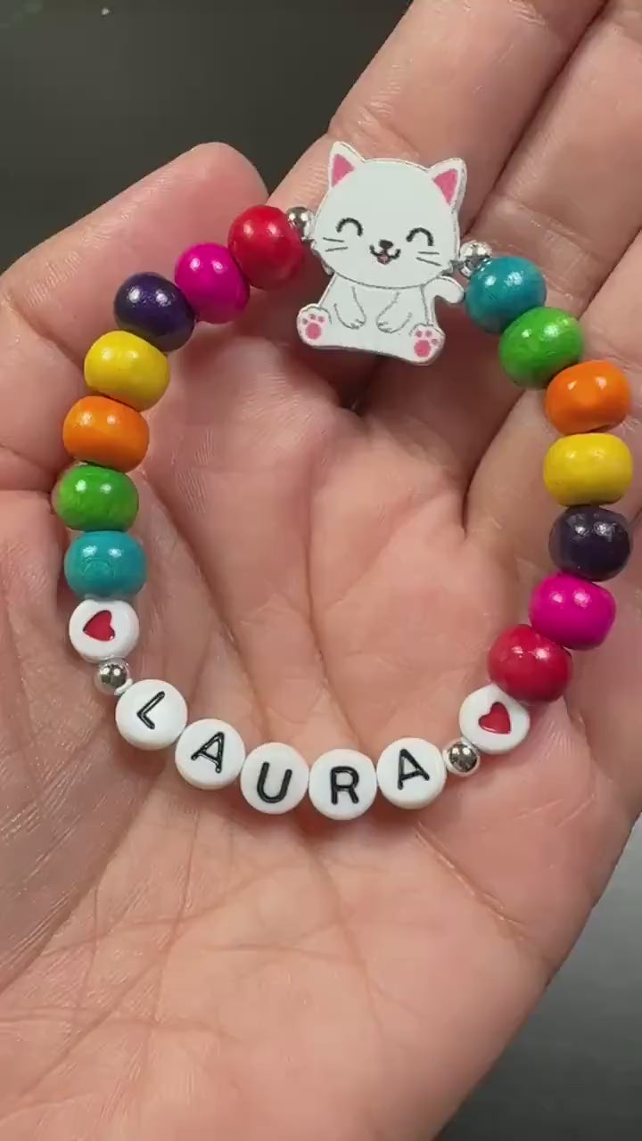Personalized Cat Bracelet for Girls, Rainbow Name Bracelet, Kids Wooden Bead Jewelry, Kitty Cat Birthday Gift, Colorful Girl Bracelet