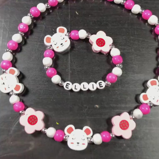 Personalized Mouse Necklace & Bracelet Set for Girls | Custom Name Jewelry | Wooden Bead Kids Jewelry | Flower Jewelry | Birthday Gift