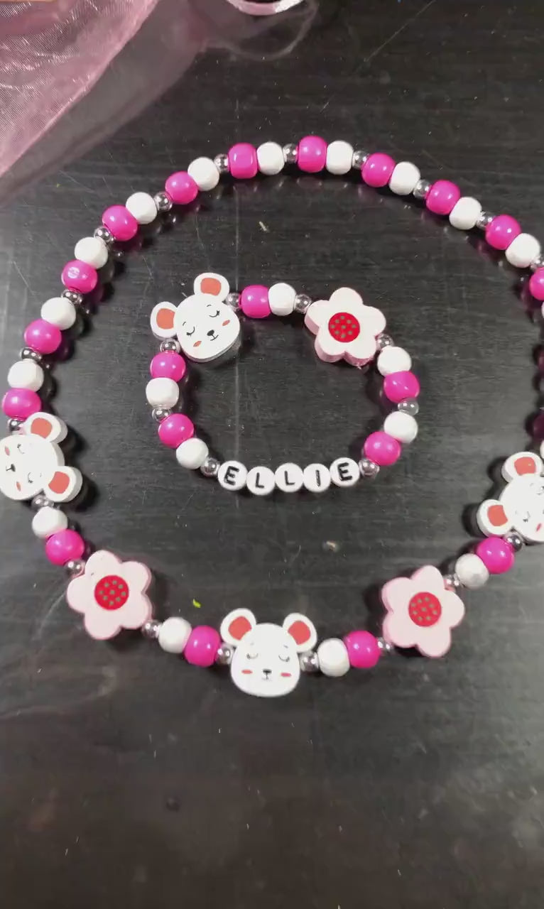 Personalized Mouse Necklace & Bracelet Set for Girls | Custom Name Jewelry | Wooden Bead Kids Jewelry | Flower Jewelry | Birthday Gift