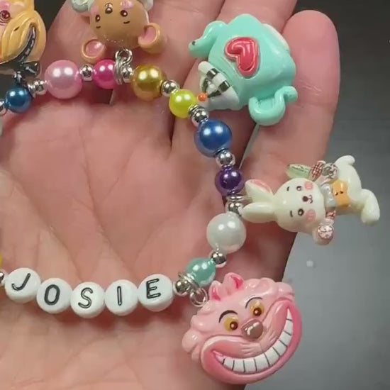 Personalized Wonderland Bracelet, Custom Name Bracelet for Girls, Wonderland Character Jewelry, Girls charm bracelet, Rainbow Pearl Bracelet