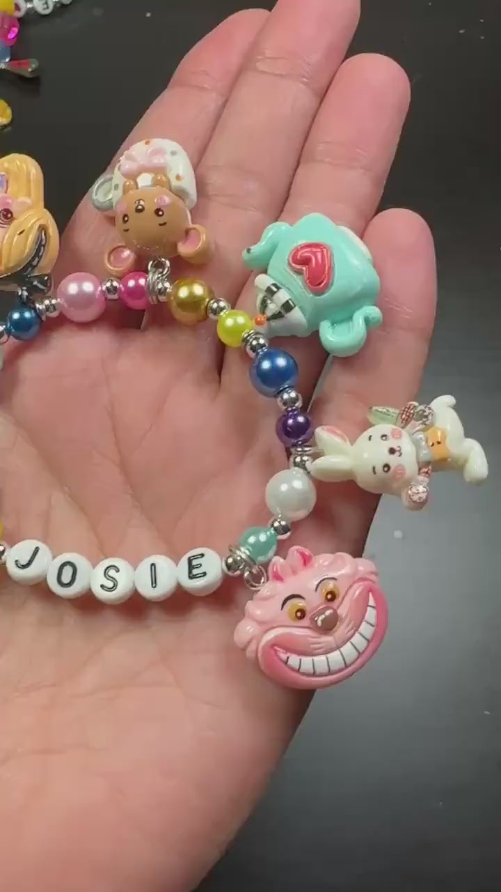 Personalized Wonderland Bracelet, Custom Name Bracelet for Girls, Wonderland Character Jewelry, Girls charm bracelet, Rainbow Pearl Bracelet