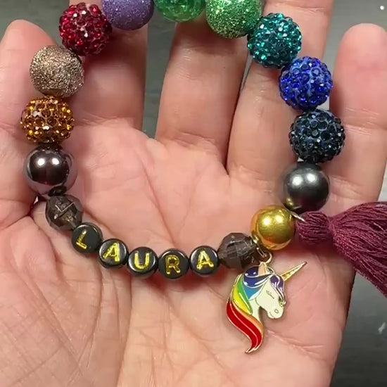 Personalized Sparkly Unicorn Bracelet for Girls, Custom Name Bracelet, Rainbow Beaded Kids Jewelry, Toddler Girl Gift, Birthday Bracelet