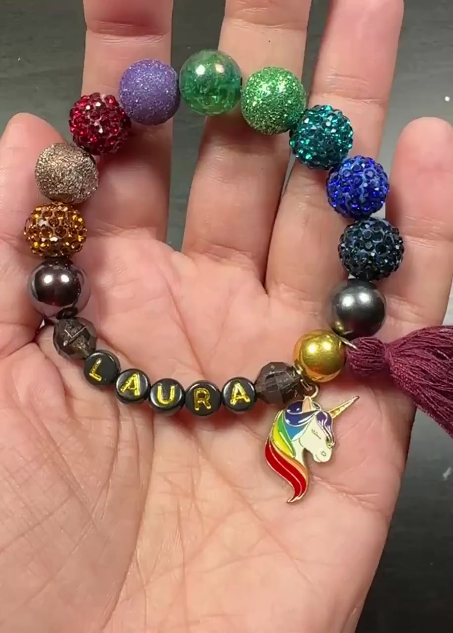 Personalized Sparkly Unicorn Bracelet for Girls, Custom Name Bracelet, Rainbow Beaded Kids Jewelry, Toddler Girl Gift, Birthday Bracelet