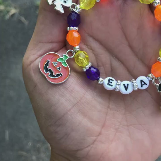 Personalized Halloween Kids Bracelet | Custom Name Halloween Charm Bracelet | Toddler Boo Basket Filler | Fall Jewelry