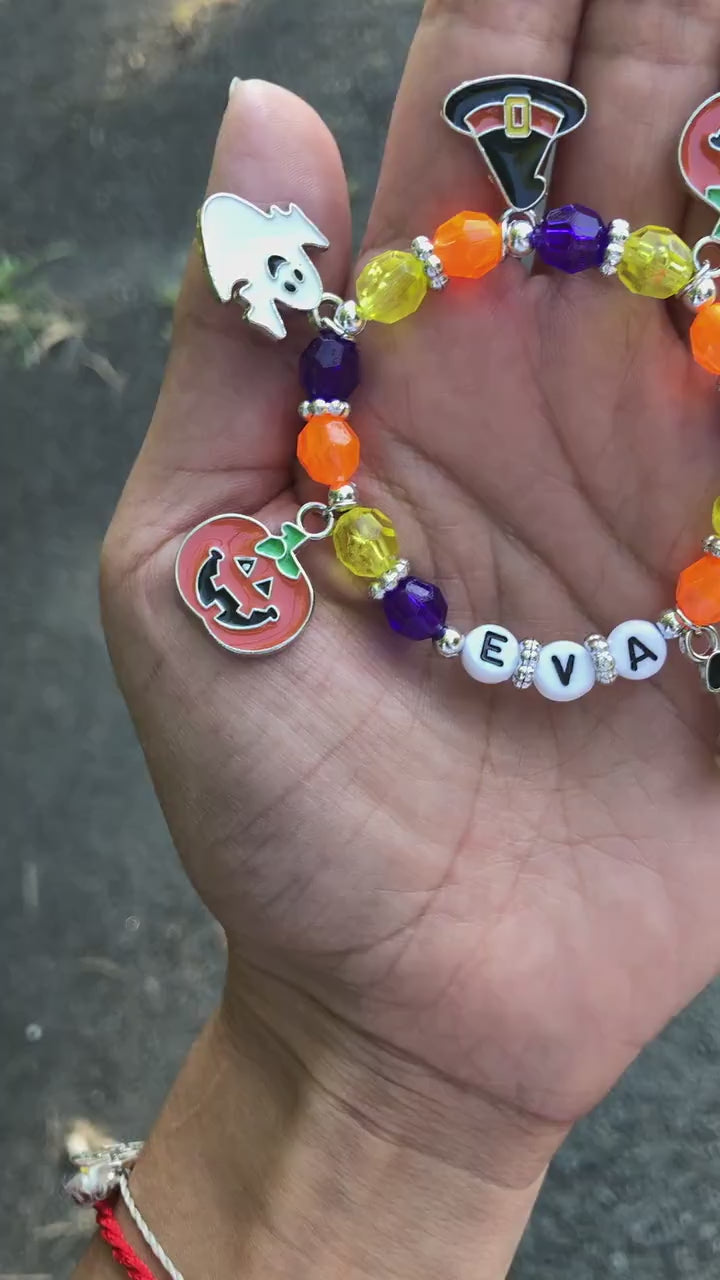 Personalized Halloween Kids Bracelet | Custom Name Halloween Charm Bracelet | Toddler Boo Basket Filler | Fall Jewelry