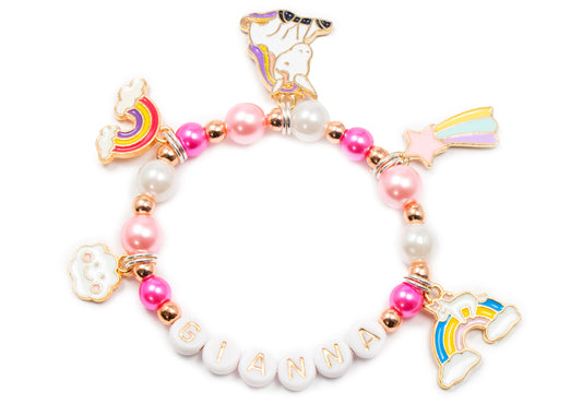 Unicorn gift for girls / Personalized stretch bracelet pink pearl 3 4 5 6 7 8 9 10 years old girl