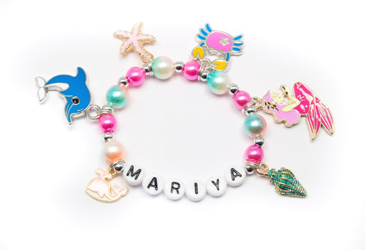 Mermaid charm bracelet for girls / personalized girls jewelry rainbow pink