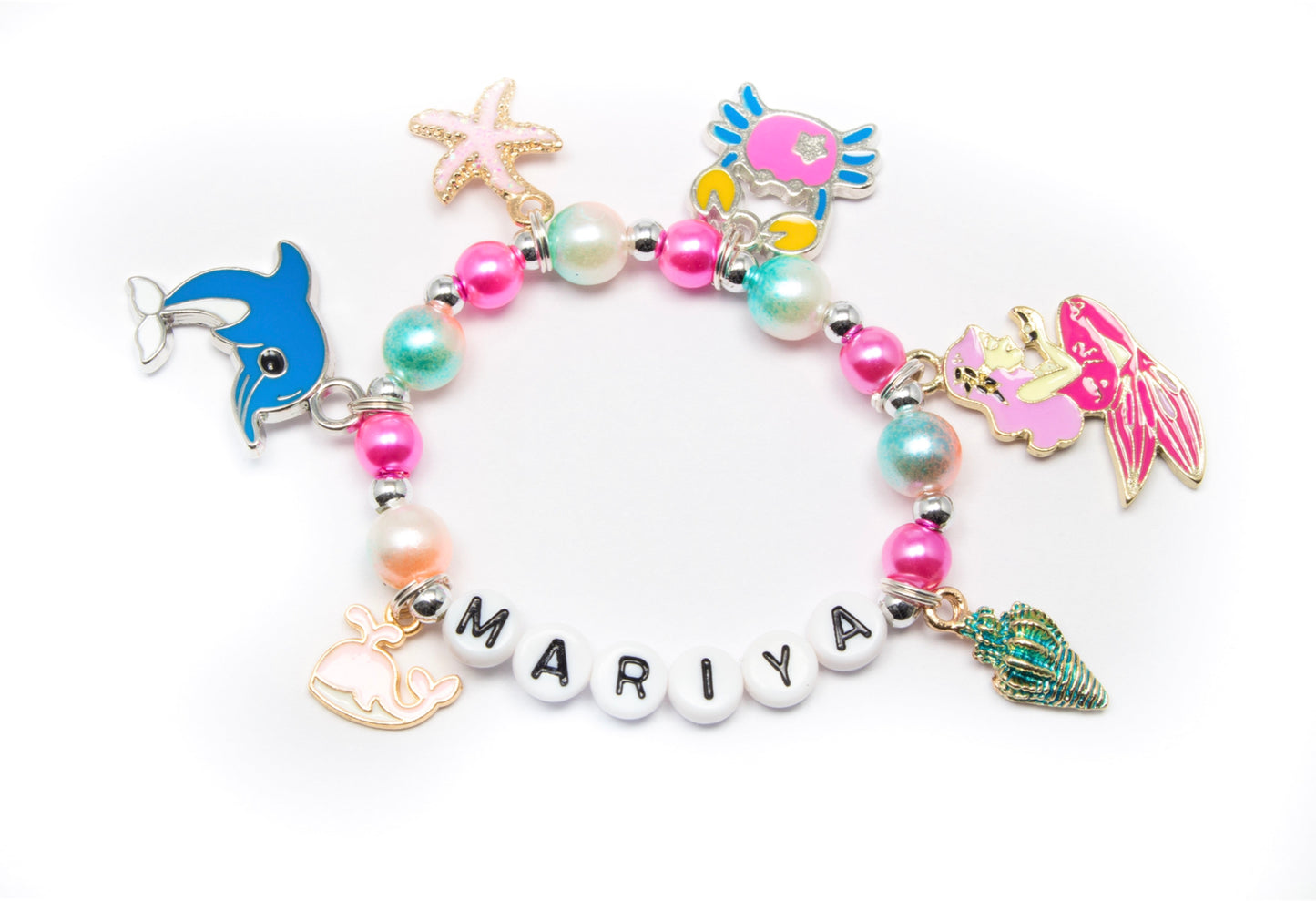 Mermaid charm bracelet for girls / personalized girls jewelry rainbow pink