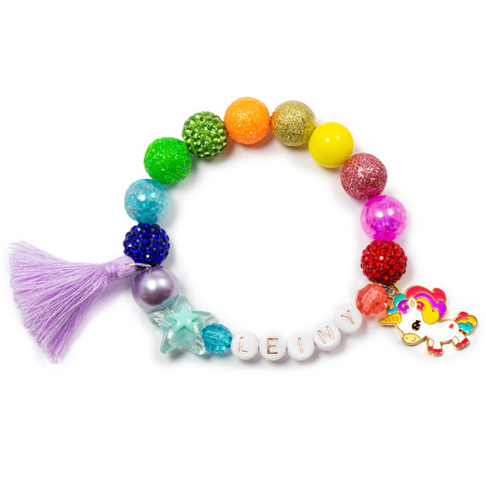 Girls unicorn charm tassel bracelet / Bright Rainbow / Personalized jewelry stretch