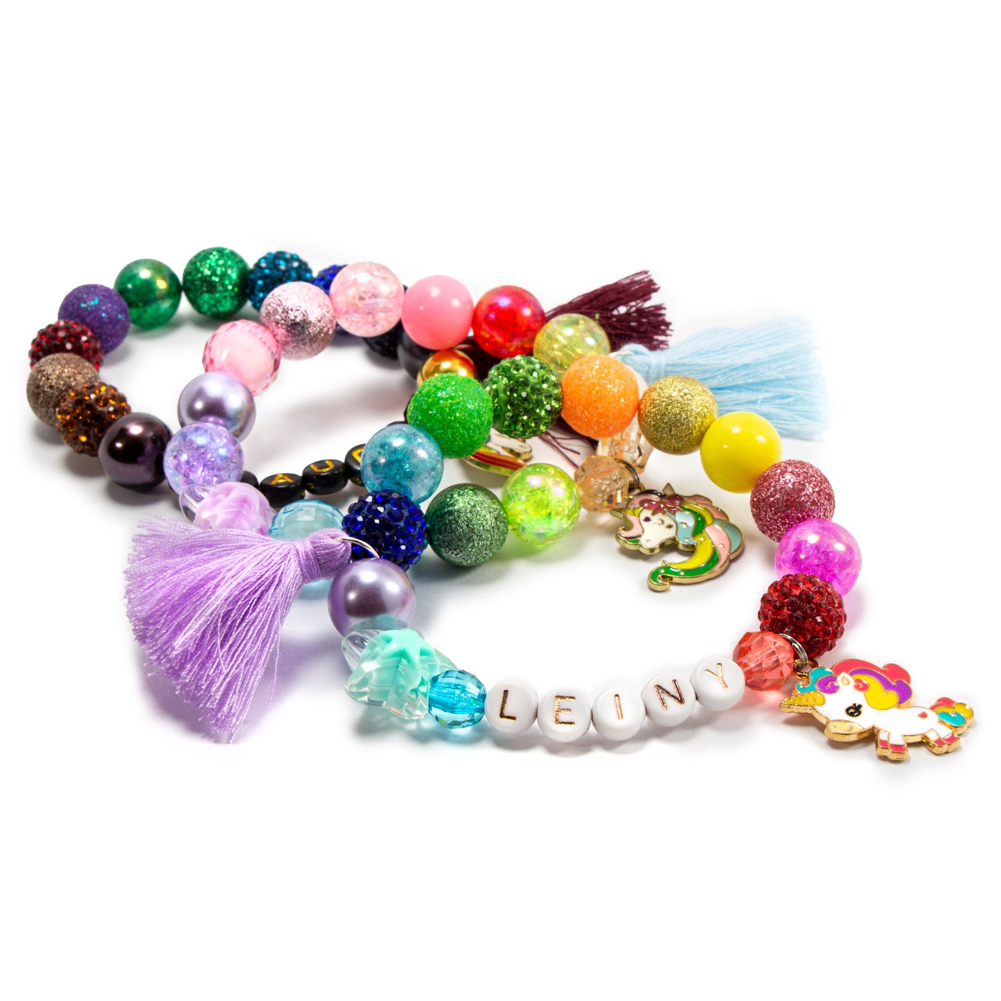 Girls unicorn charm pastel tassel bracelet / Personalized jewelry stretch